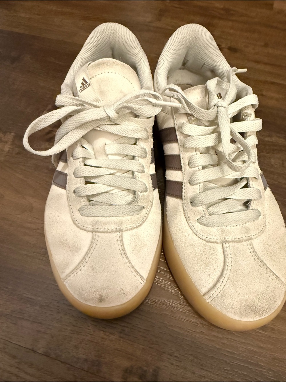 adidas Off-White Suede Sneakers with Brown Stripes and Gum Sole